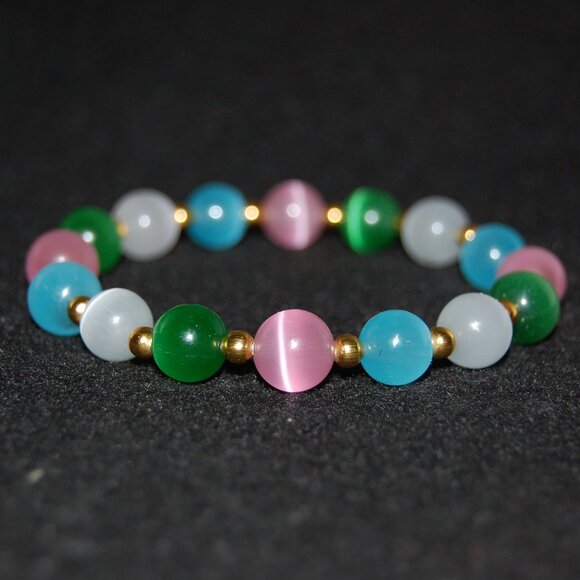 Multi Color Cat Eye Bracelet,Multi Color Bracelet,10mm Multi Col Beaded Bracelet - Picture 2 of 4
